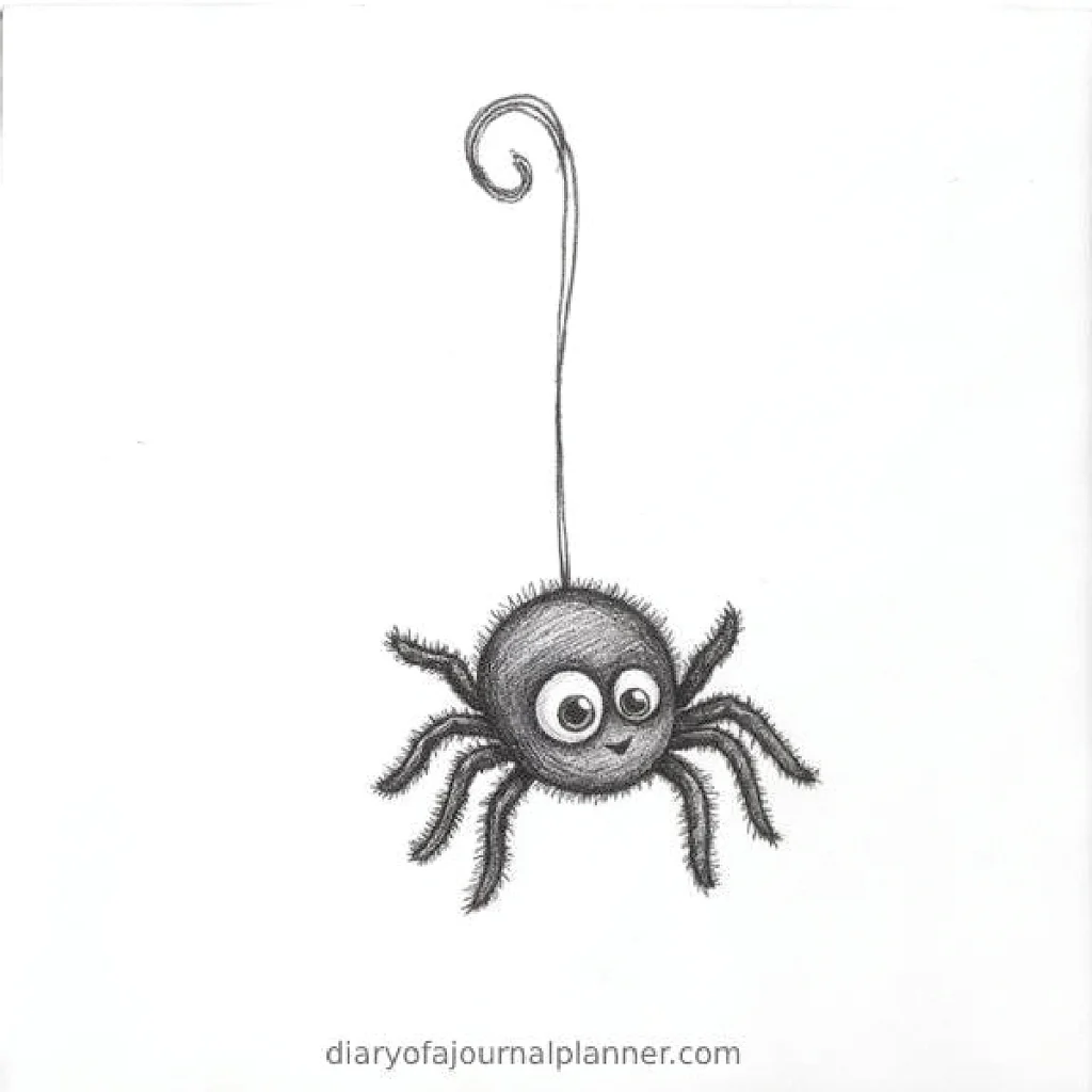 Cute cartoon spider hanging from a thread with big eyes and a smiling face. Black and white illustration.