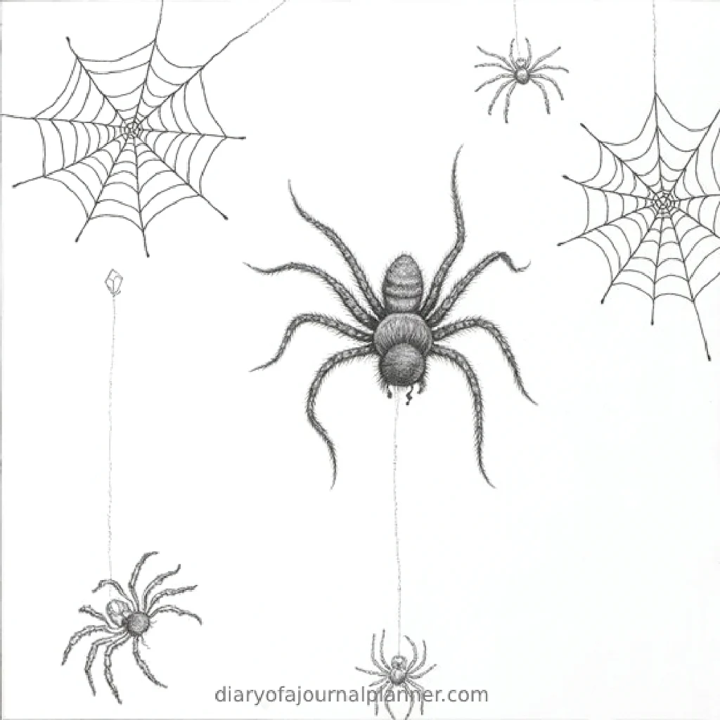 Illustration of spiders and webs, featuring large central spider surrounded by smaller spiders on a white background.