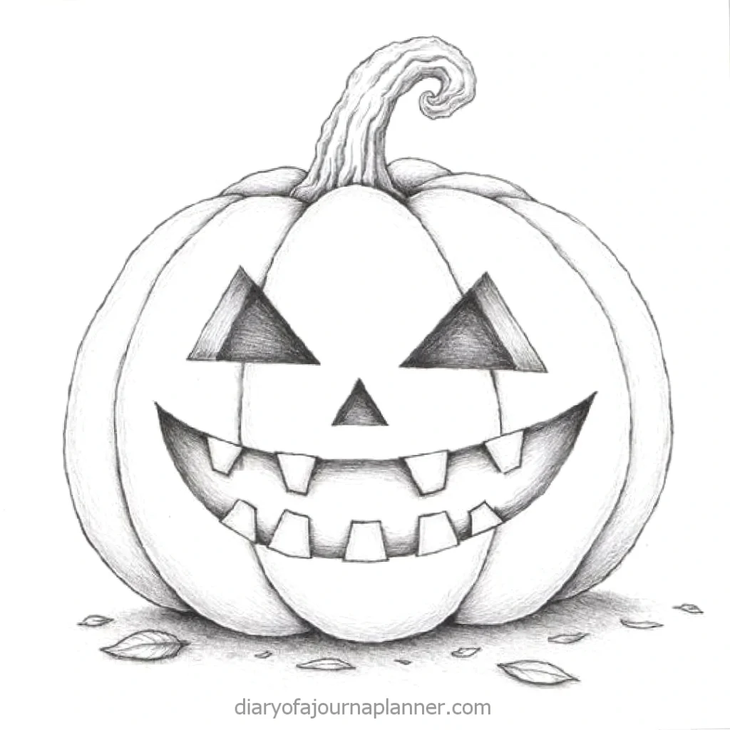 Pencil drawing of a grinning jack-o'-lantern with triangular eyes and leaves around, perfect for Halloween themes.
