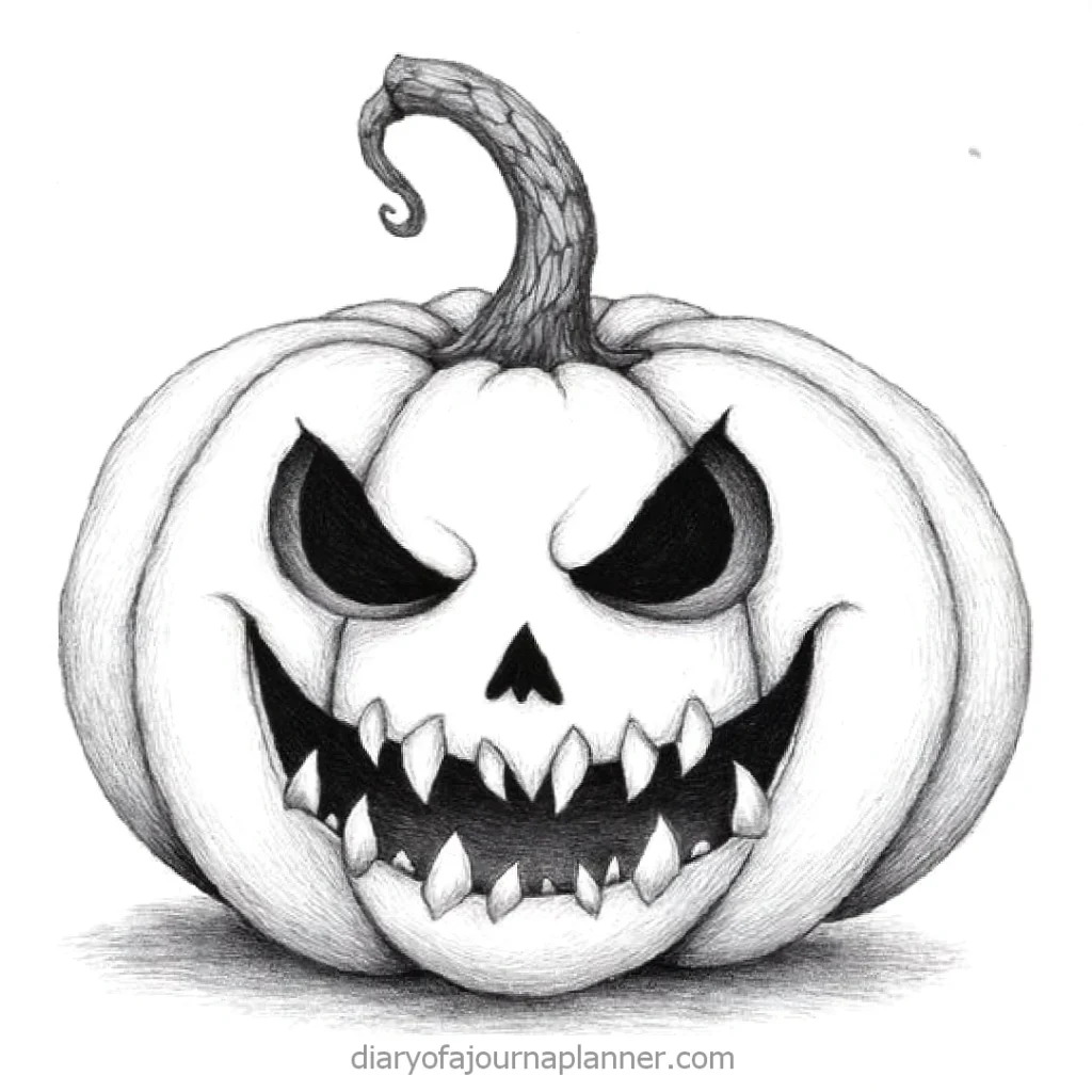Drawn sinister pumpkin with sharp teeth and piercing eyes, perfect for Halloween themes.