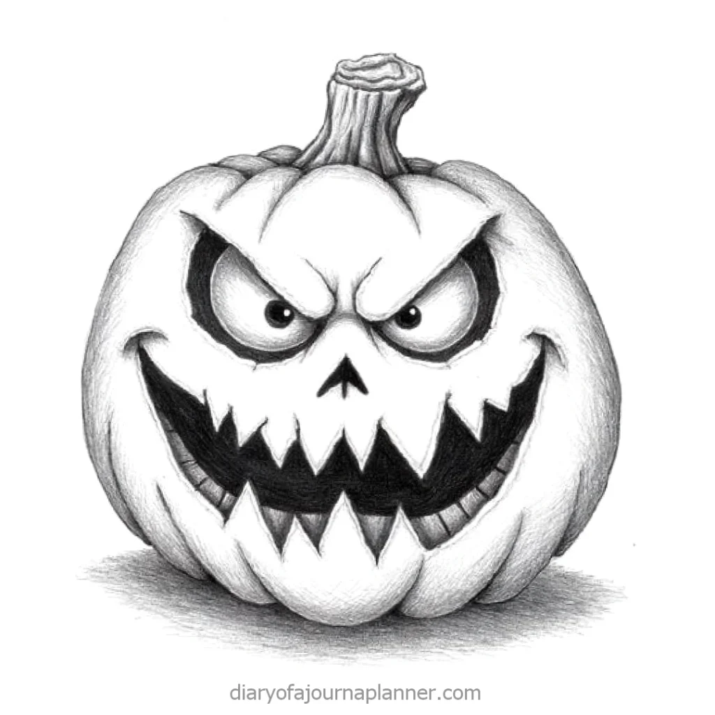 Spooky pencil sketch of a scary jack-o'-lantern with sharp teeth and menacing eyes for Halloween.