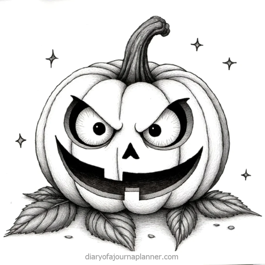 Spooky jack-o'-lantern with an evil grin, surrounded by leaves and stars, perfect for Halloween decor.