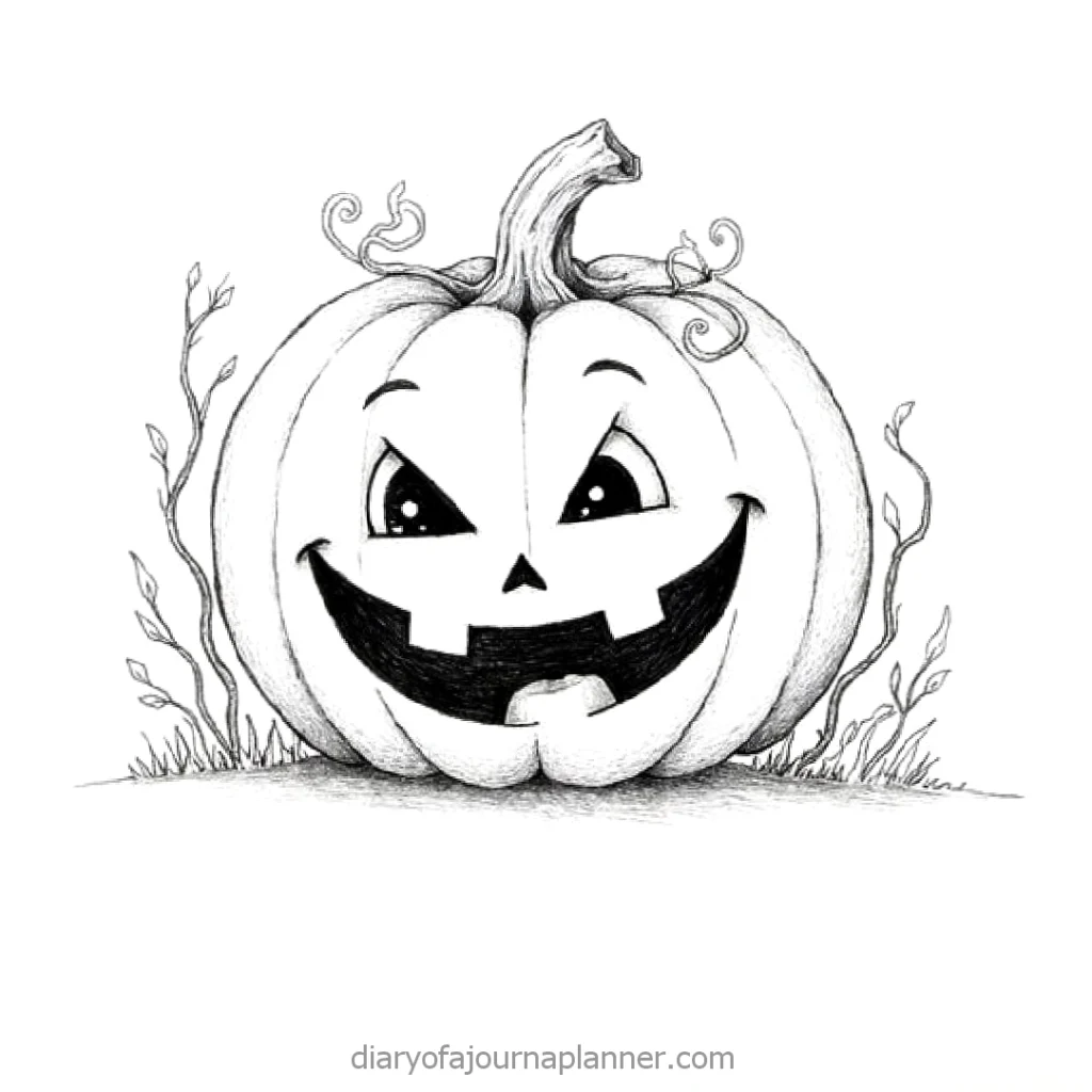 Smiling jack-o'-lantern sketch with vines, perfect for Halloween decoration ideas.