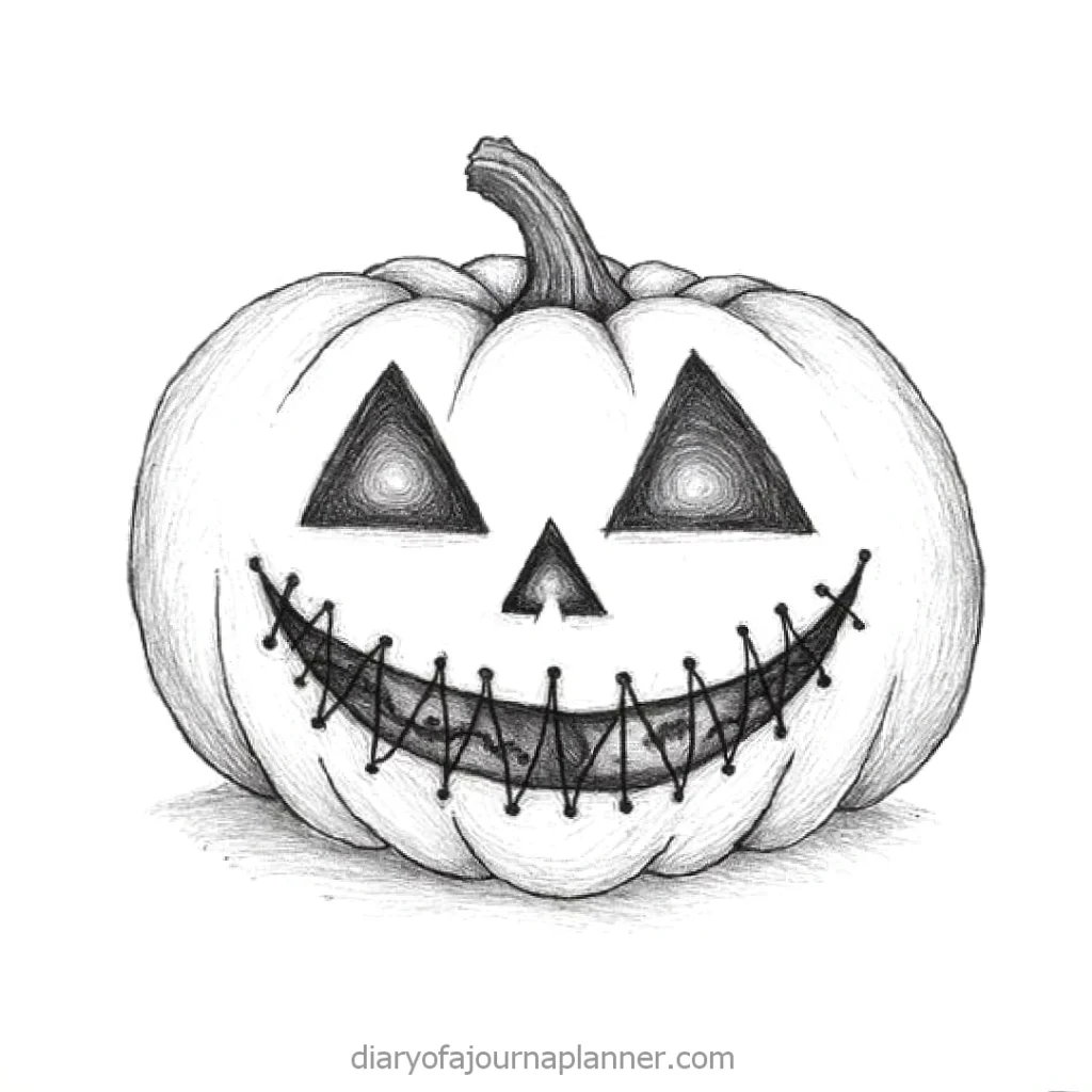 Sketch of a Jack-o'-lantern with a stitched smile and triangle eyes, perfect for Halloween-themed designs.