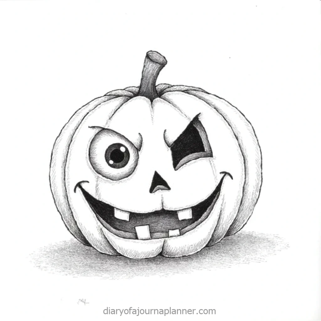 Winking jack-o'-lantern sketch with a playful grin and detailed shading, perfect for Halloween decorations and design inspiration.