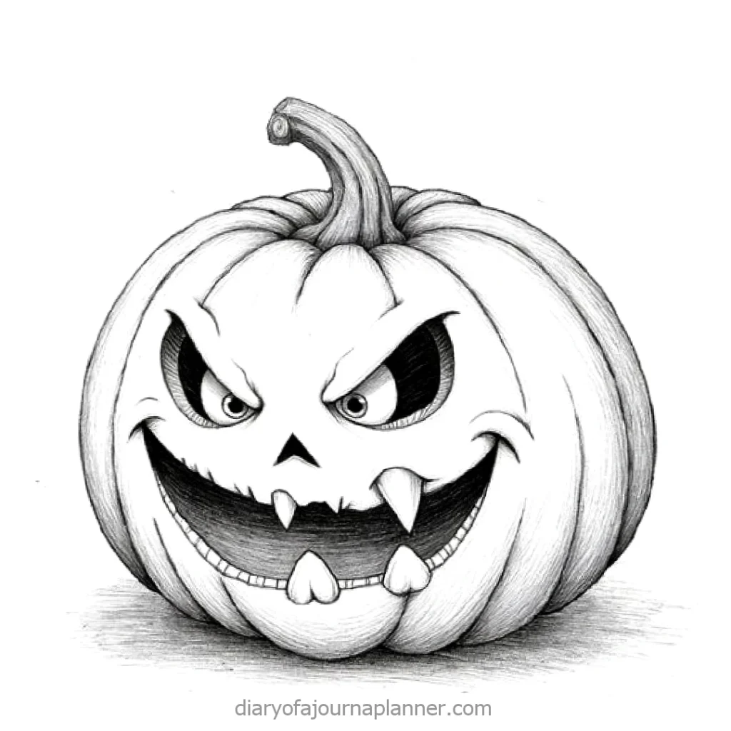 Spooky black and white sketch of a jack-o'-lantern with menacing eyes and sharp fangs. Perfect for Halloween.