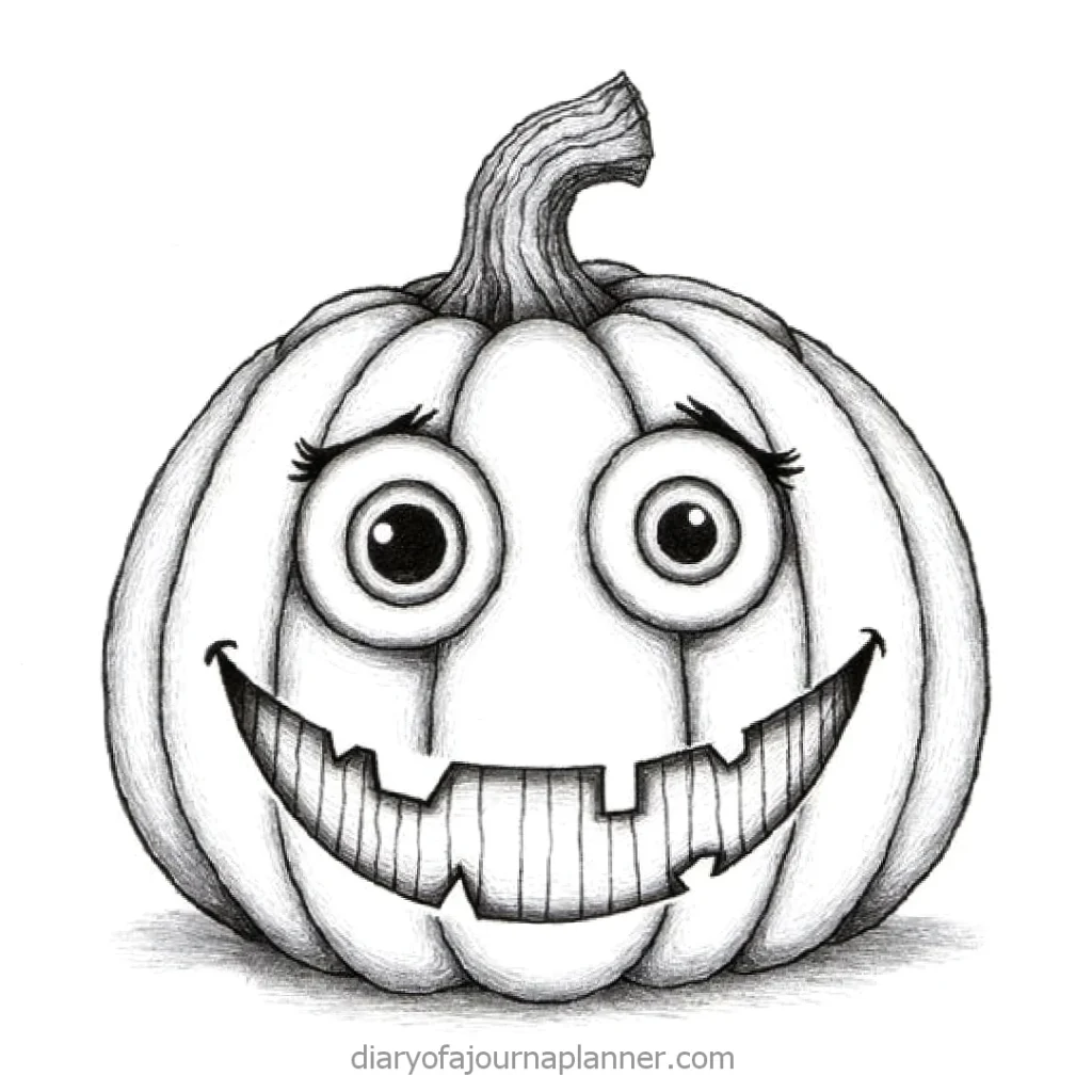 Smiling pumpkin with large eyes and a playful grin, sketched in black and white. Perfect for Halloween themes.