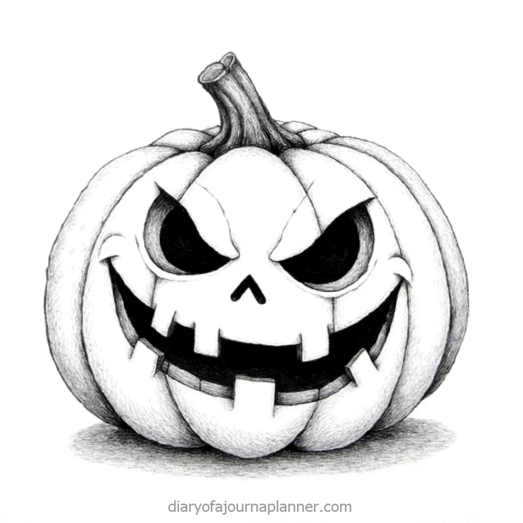 Creepy black-and-white jack-o'-lantern sketch with an evil grin, perfect for Halloween designs.