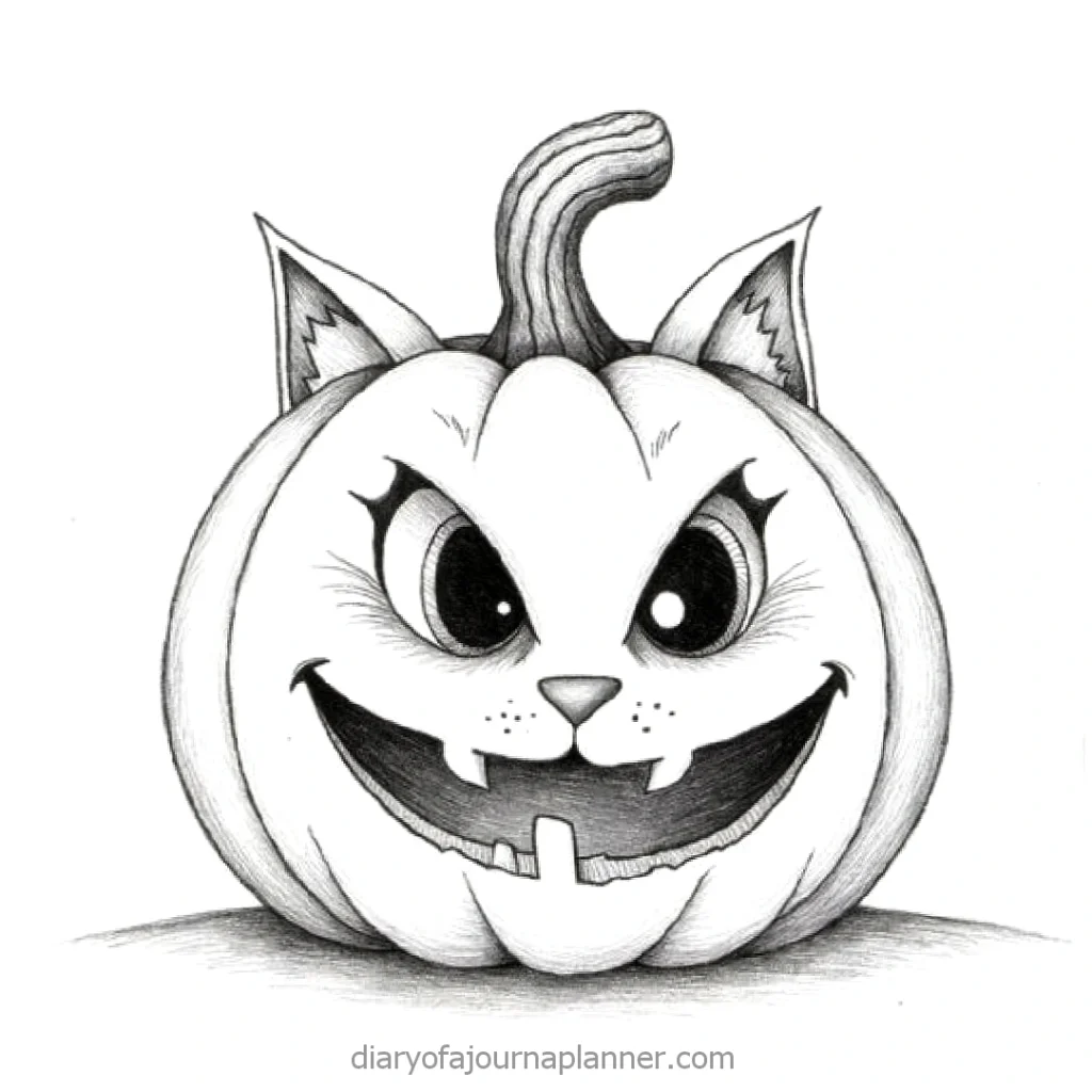 Smiling Halloween pumpkin with cat features and fangs, perfect for festive decorations and spooky crafts.