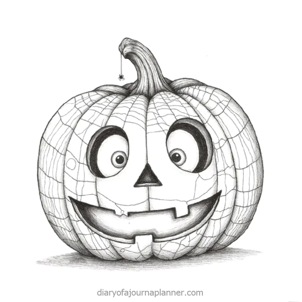 Happy cartoon jack-o'-lantern sketch with googly eyes and a tiny spider.
