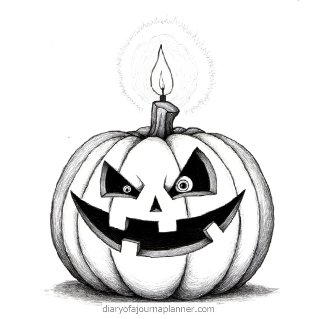 Black and white drawing of a spooky jack-o'-lantern with a candle on top, perfect for Halloween themes.