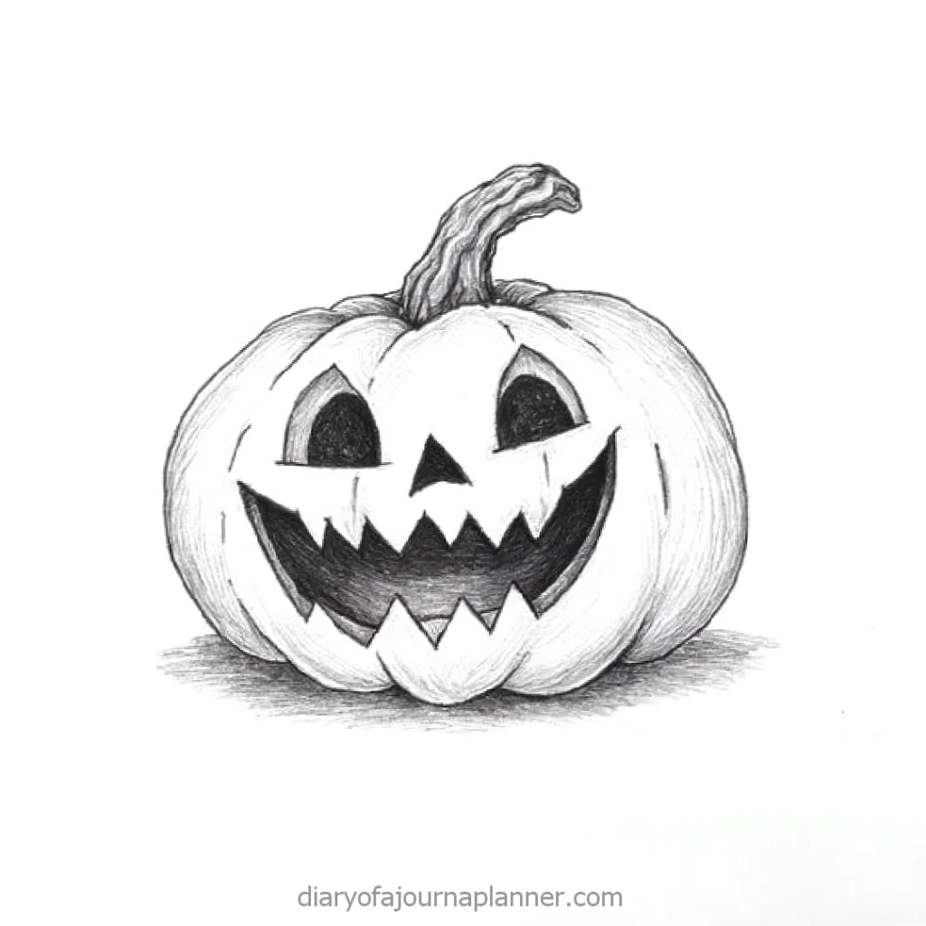 Black and white sketch of a spooky Jack-o'-lantern with a carved face and twisted stem.