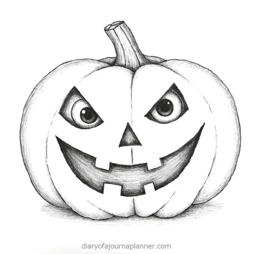 Black and white drawing of a smiling jack-o’-lantern with carved eyes and mouth. Perfect for Halloween themes.