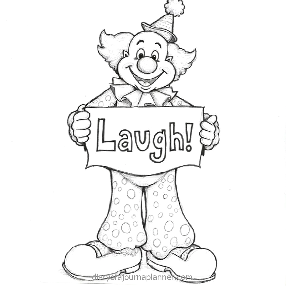 Cheerful clown in polka dot outfit holding a Laugh! sign, spreading joy and humor with a big smile.
