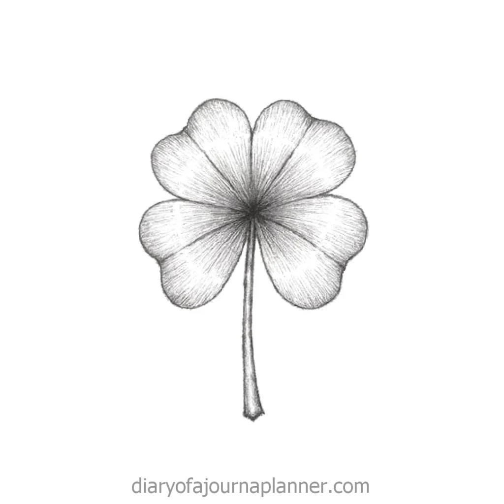Illustration of a four-leaf clover coloring page, detailed black and white sketch.