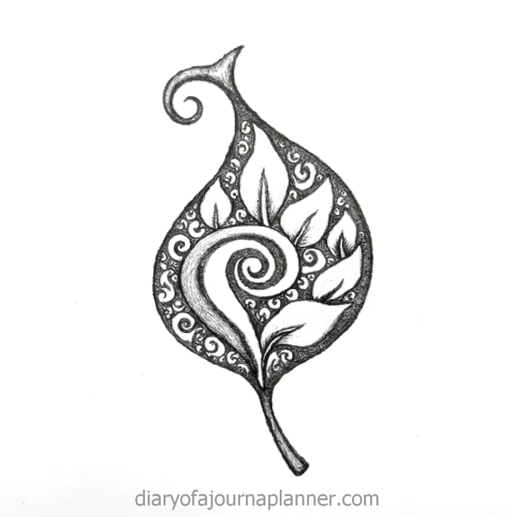 Intricate black and white leaf design with swirling patterns and detailed textures.
