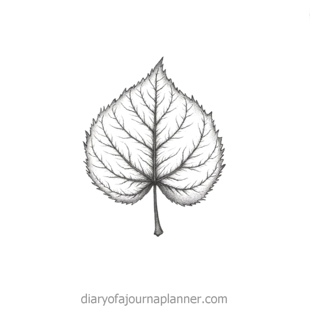 Intricate black and white drawing of a detailed heart-shaped leaf with visible veins.