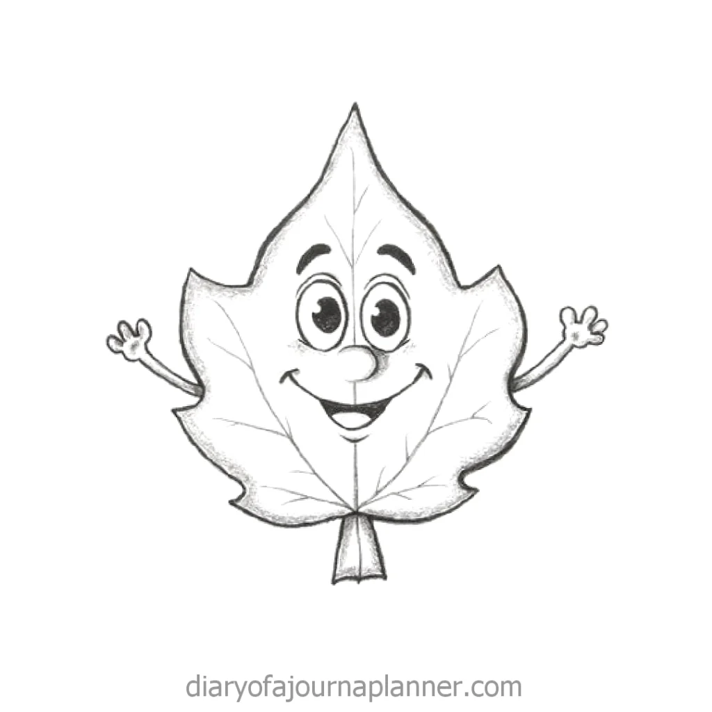 Cheerful cartoon leaf character with a big smile and open arms, sketched with expressive features.