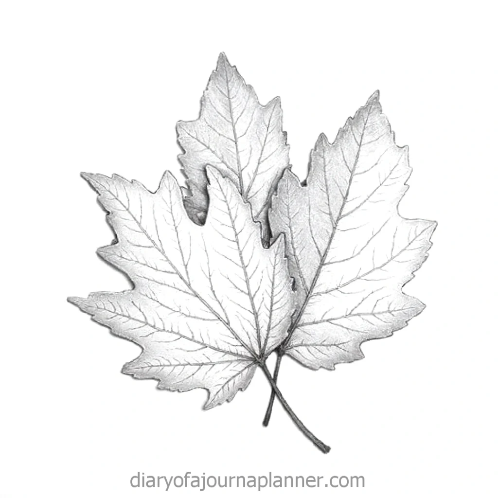 Detailed black and white illustration of overlapping maple leaves.