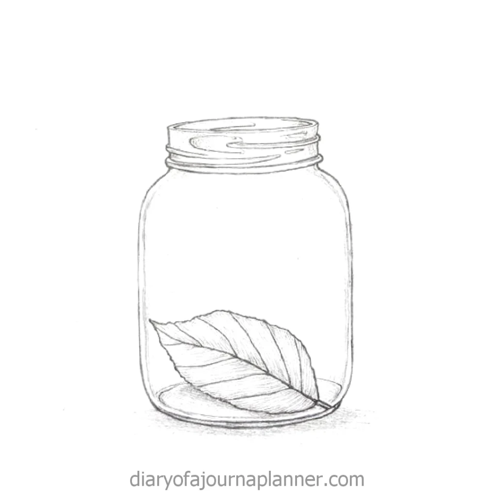 Hand-drawn leaf inside a glass jar, simple and minimalist sketch.