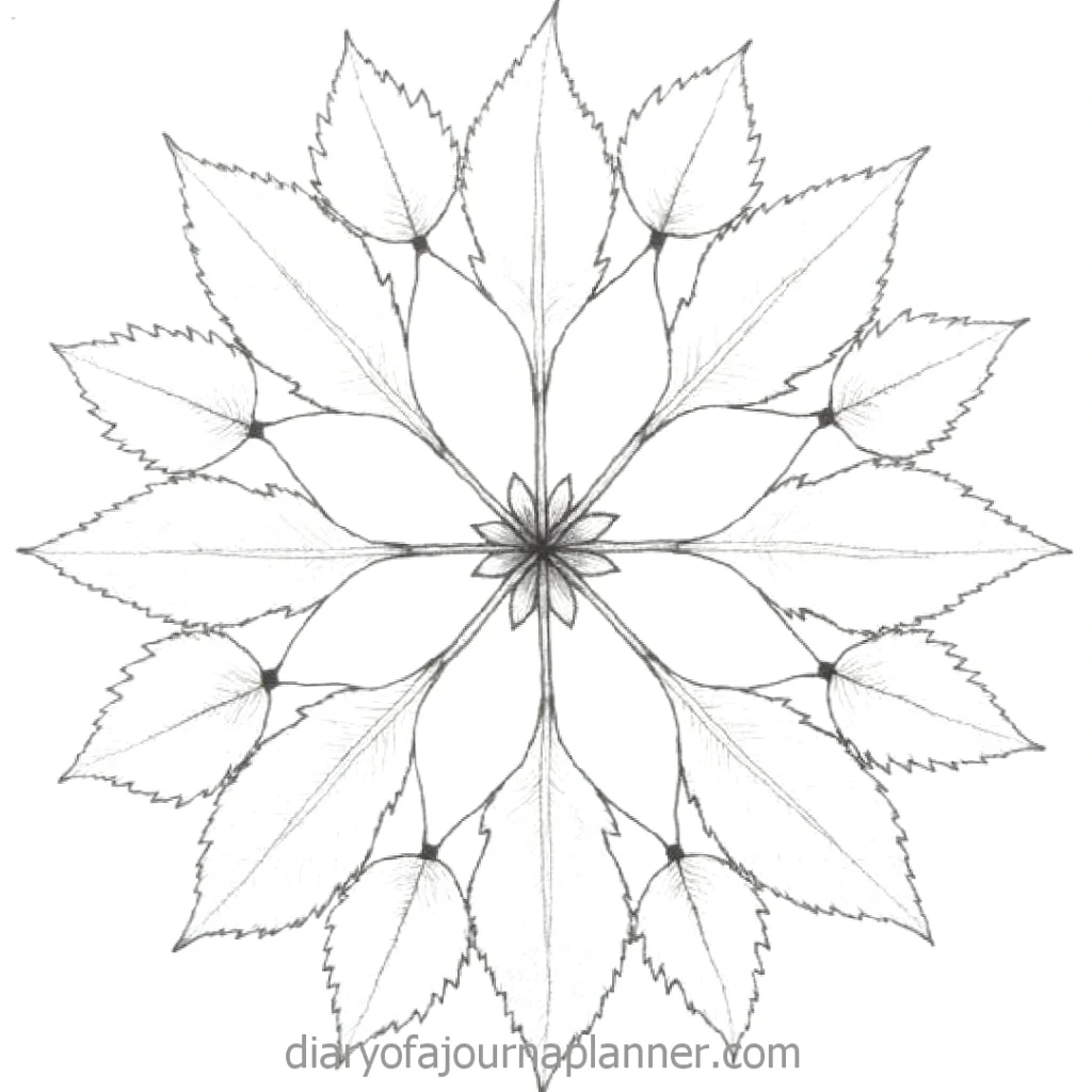Mandala sketch with intricate leaf pattern, symmetrical design for coloring. Ideal for relaxation and creativity.