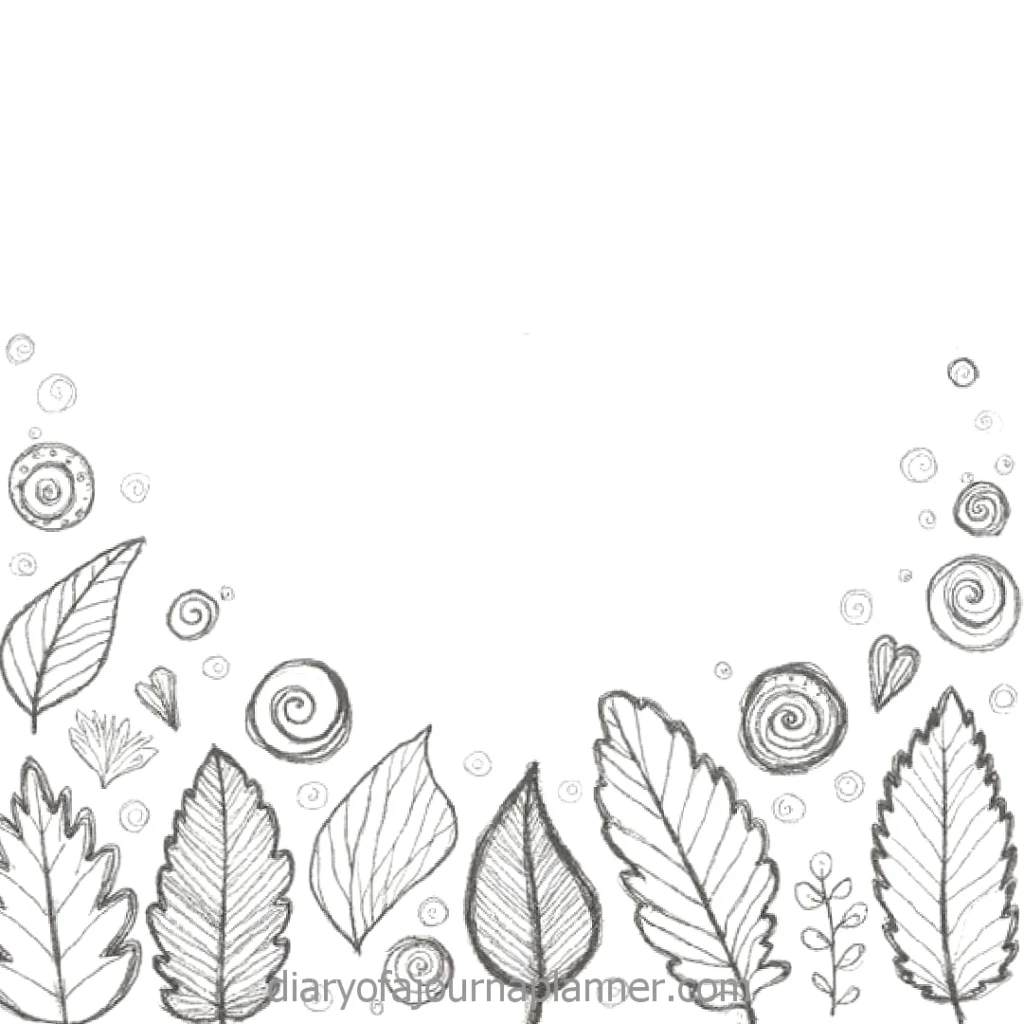 Hand-drawn leaves and spirals in a whimsical border design on white background, perfect for nature-themed decor.
