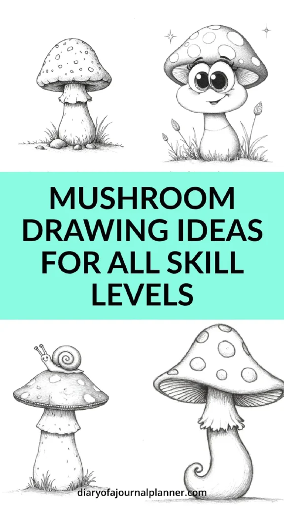 Cute mushroom drawing ideas; sketches for all skill levels featuring whimsical designs and characters.