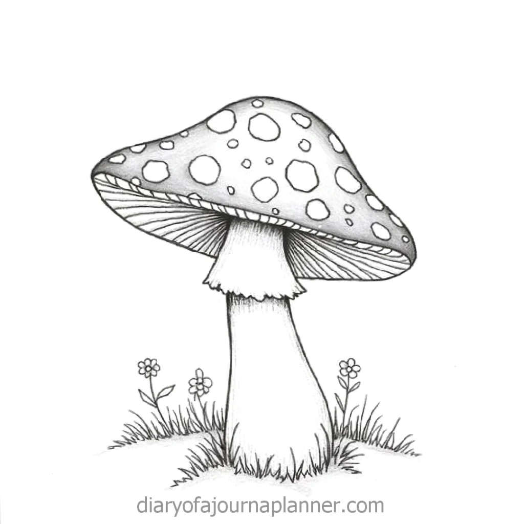 Black and white illustration of a toadstool mushroom with grass and flowers, perfect for coloring pages.