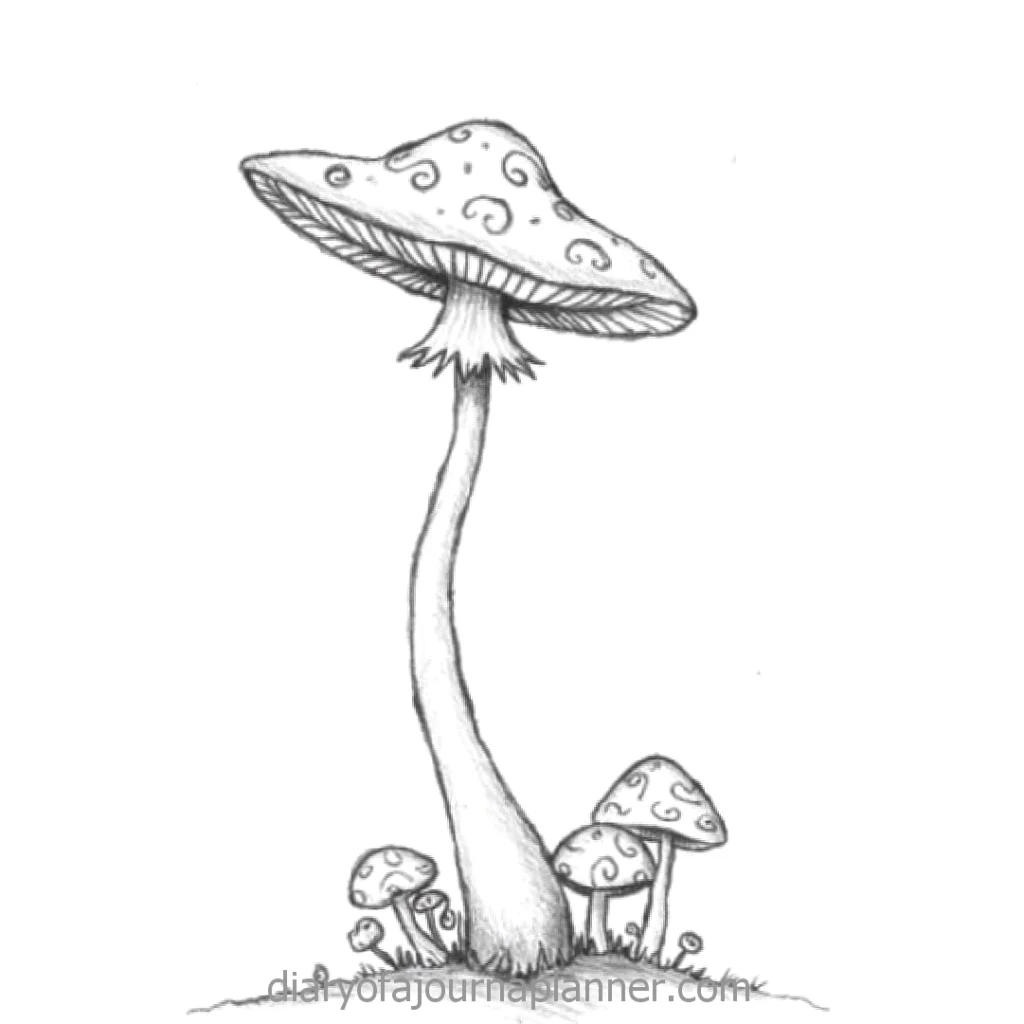 Illustrated tall mushroom with patterned cap and smaller mushrooms. Black-and-white sketch. Whimsical fungi drawing.