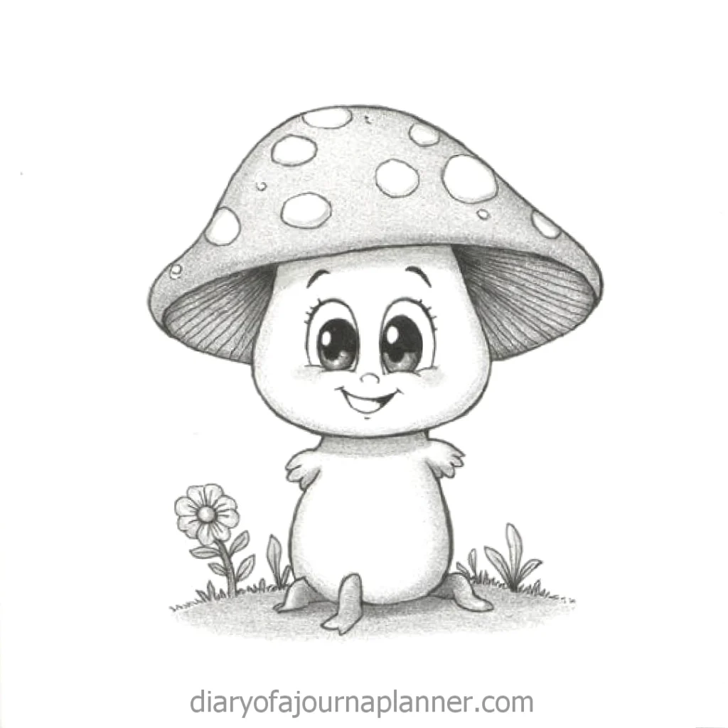 Cute cartoon mushroom character with a polka-dot cap, smiling amidst a flower and grass, in black and white.