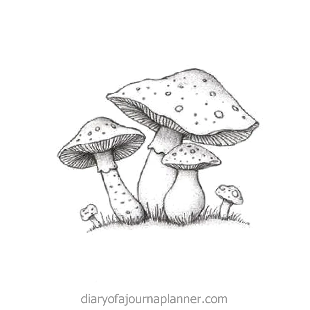 Illustrated mushrooms cluster, hand-drawn sketch style on white background. Perfect for nature and botanical designs.
