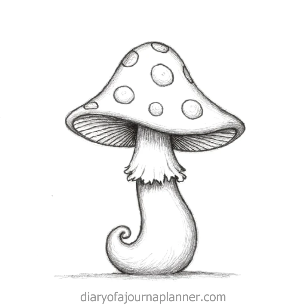 Hand-drawn whimsical mushroom sketch with polka-dotted cap and curled stem, ideal for coloring or design inspiration.