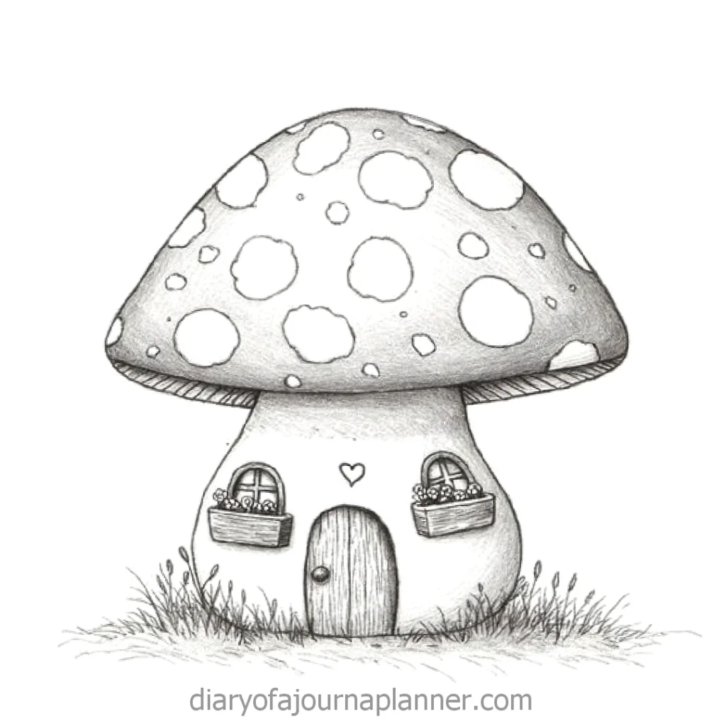 Illustration of a whimsical mushroom house with spotted cap, door, windows, and flower boxes surrounded by grass.