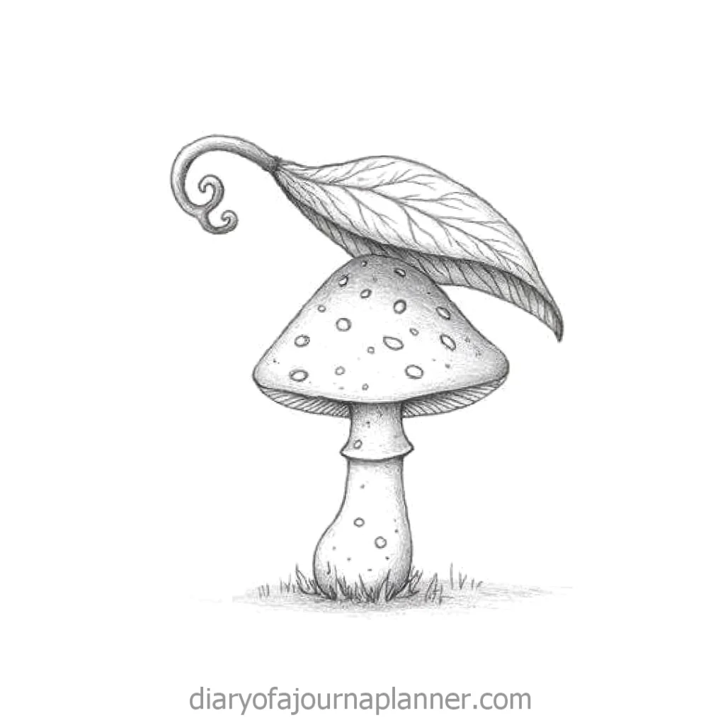 Sketch of a whimsical mushroom with a leaf roof, dotted cap, and curved stem for creative design inspiration.