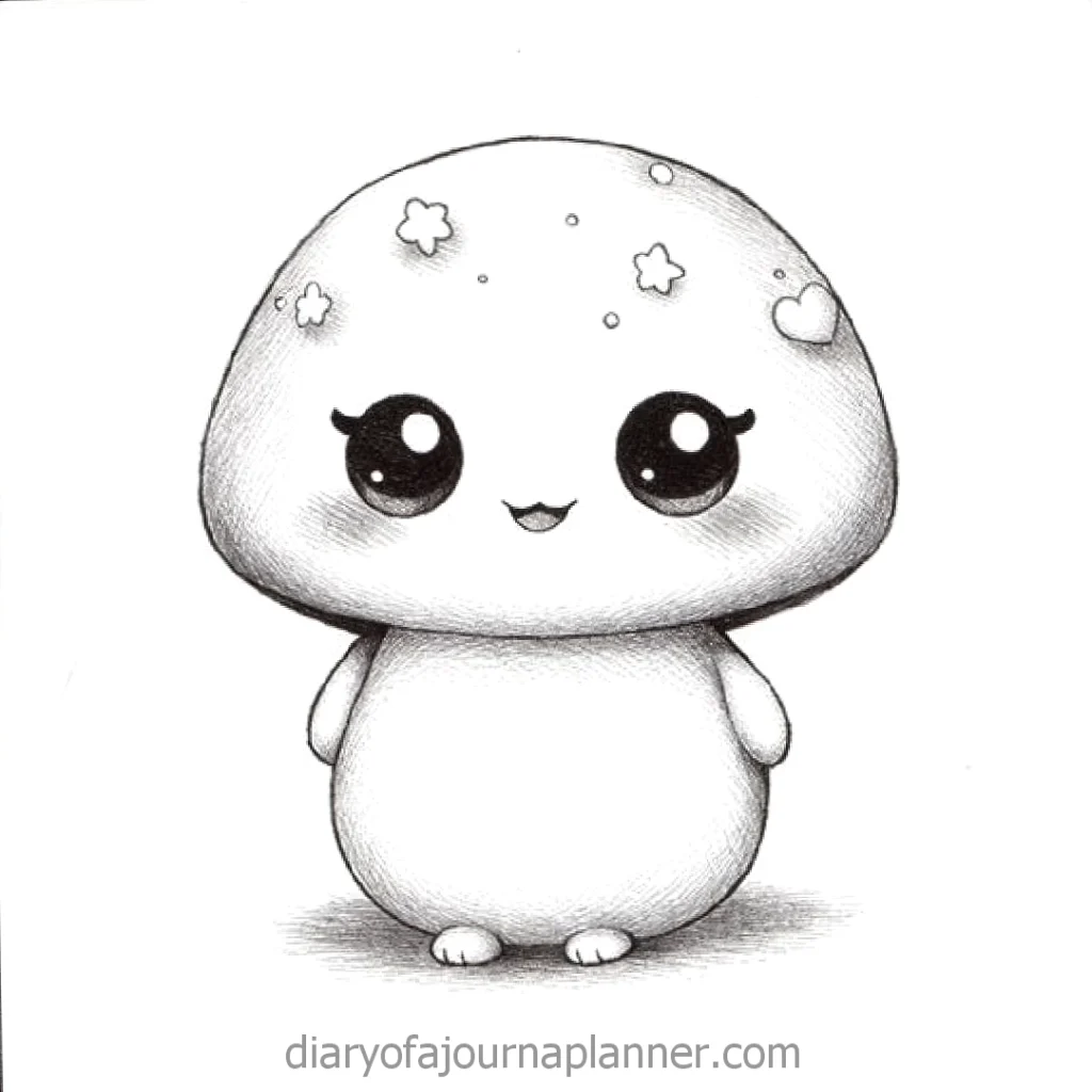 Cute kawaii mushroom character with big eyes and star decorations, simple black and white drawing.