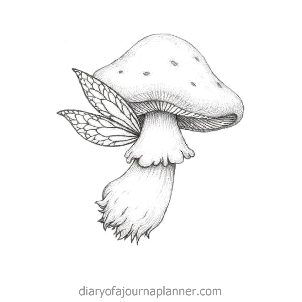 Hand-drawn fantasy mushroom with delicate leaves, black and white illustration.