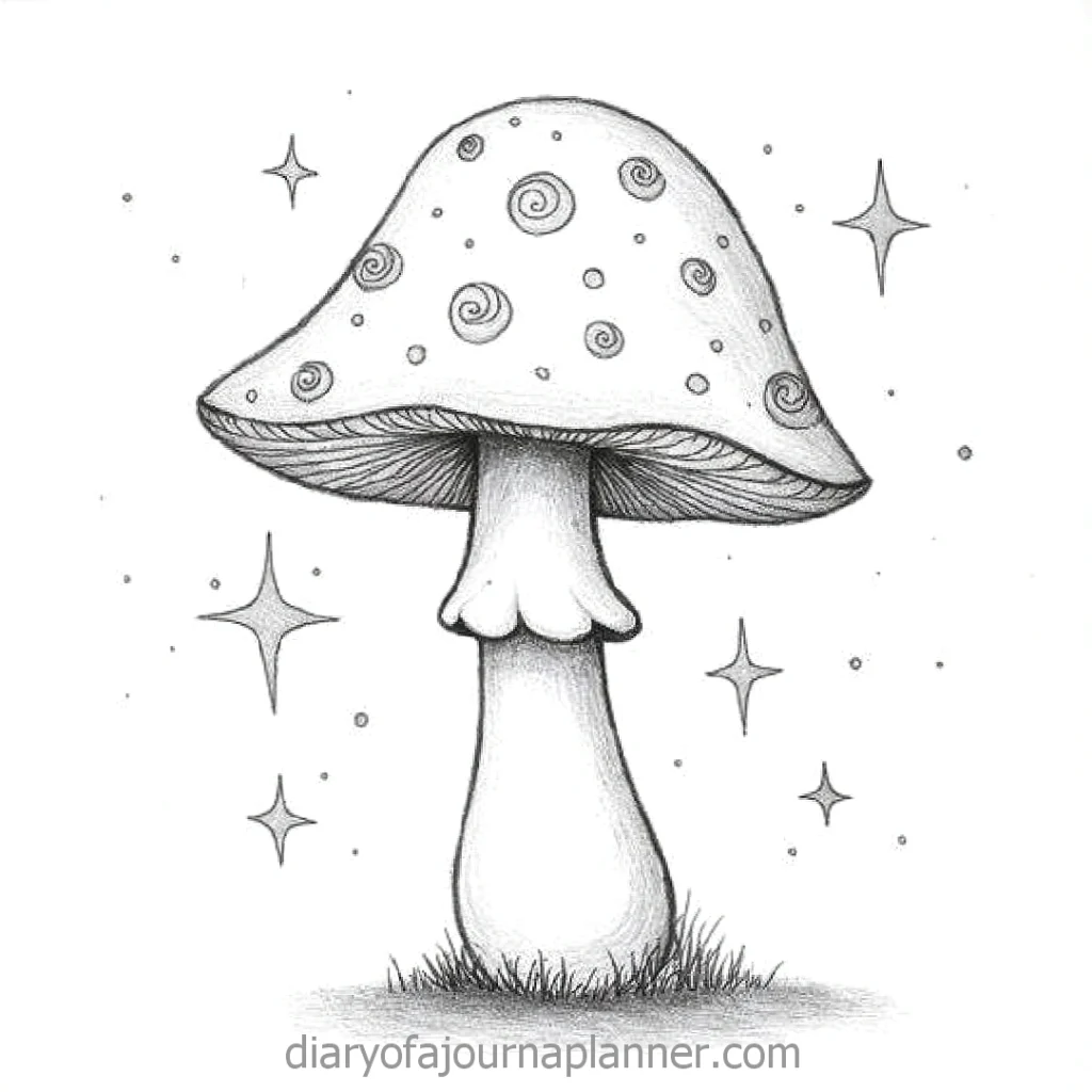Illustrated whimsical mushroom with a swirling design, surrounded by stars on a dotted background.