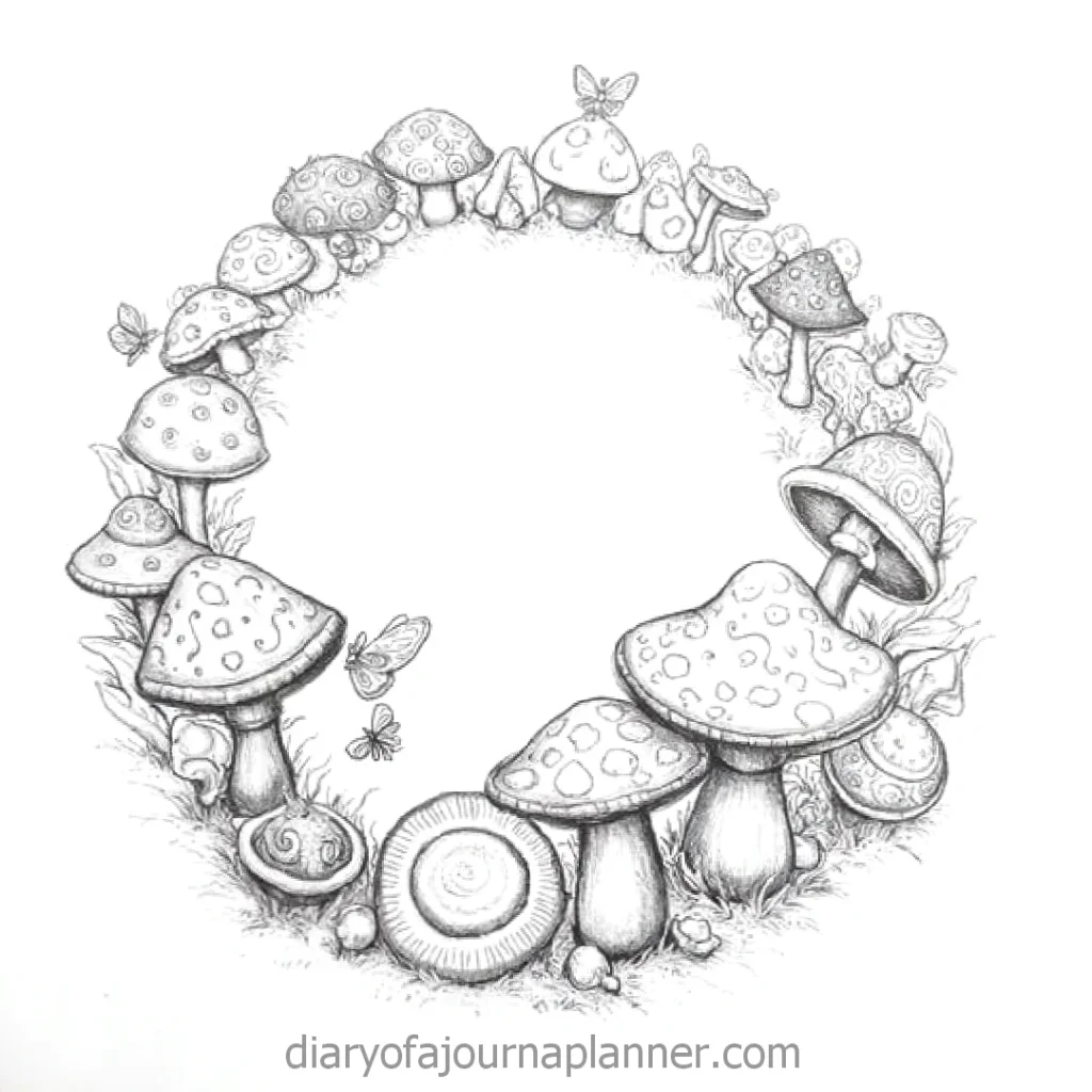 Whimsical hand-drawn mushroom circle with butterflies, forming a nature-inspired border. Ideal for journal decoration.