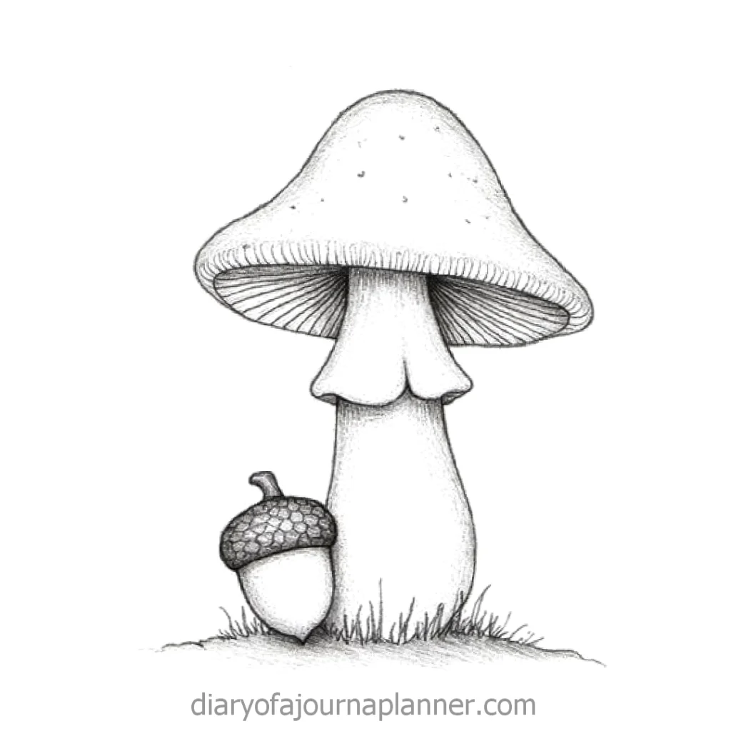 Hand-drawn mushroom and acorn sketch, showcasing nature-inspired art for journals.
