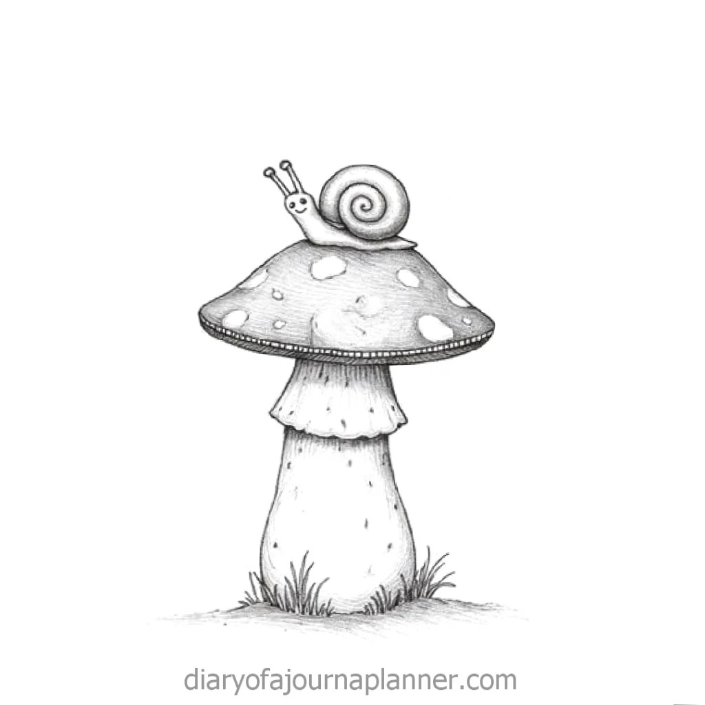 Whimsical snail sketch on a spotted mushroom, perfect for nature-themed journals and planners.