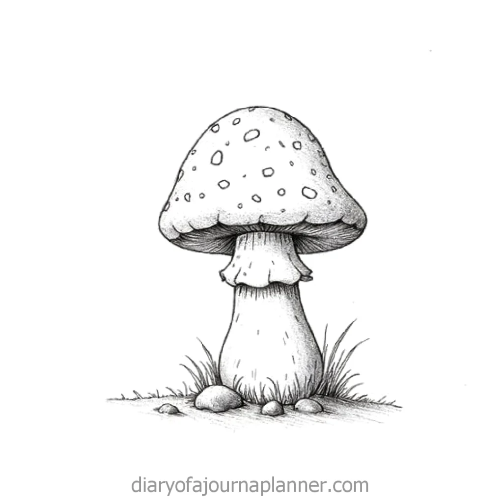 Hand-drawn mushroom with spotted cap, surrounded by grass and stones. Black and white illustration.