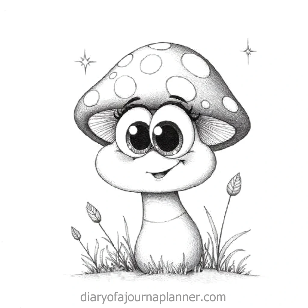 Cute cartoon mushroom with big eyes and polka-dot cap, surrounded by grass and stars, sketched style.