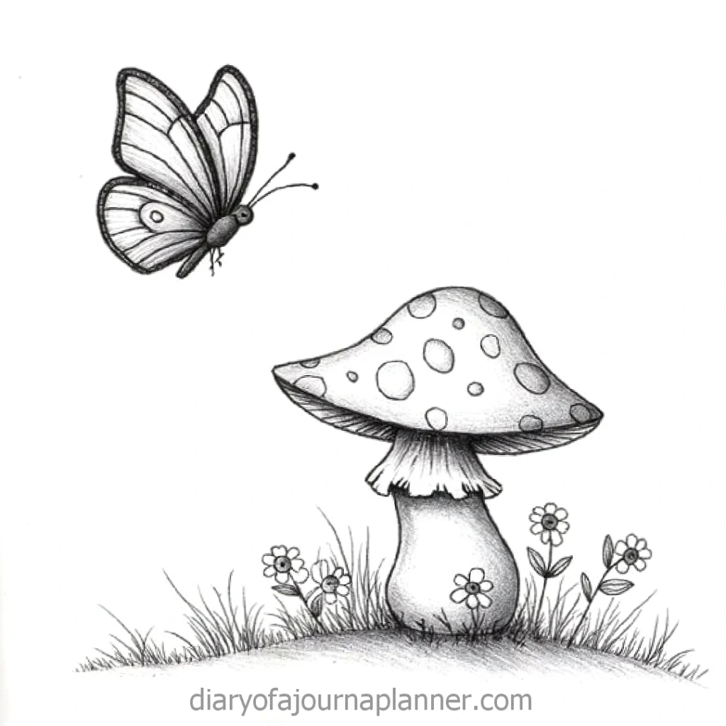 A whimsical butterfly and mushroom sketch, surrounded by flowers in a serene garden setting.