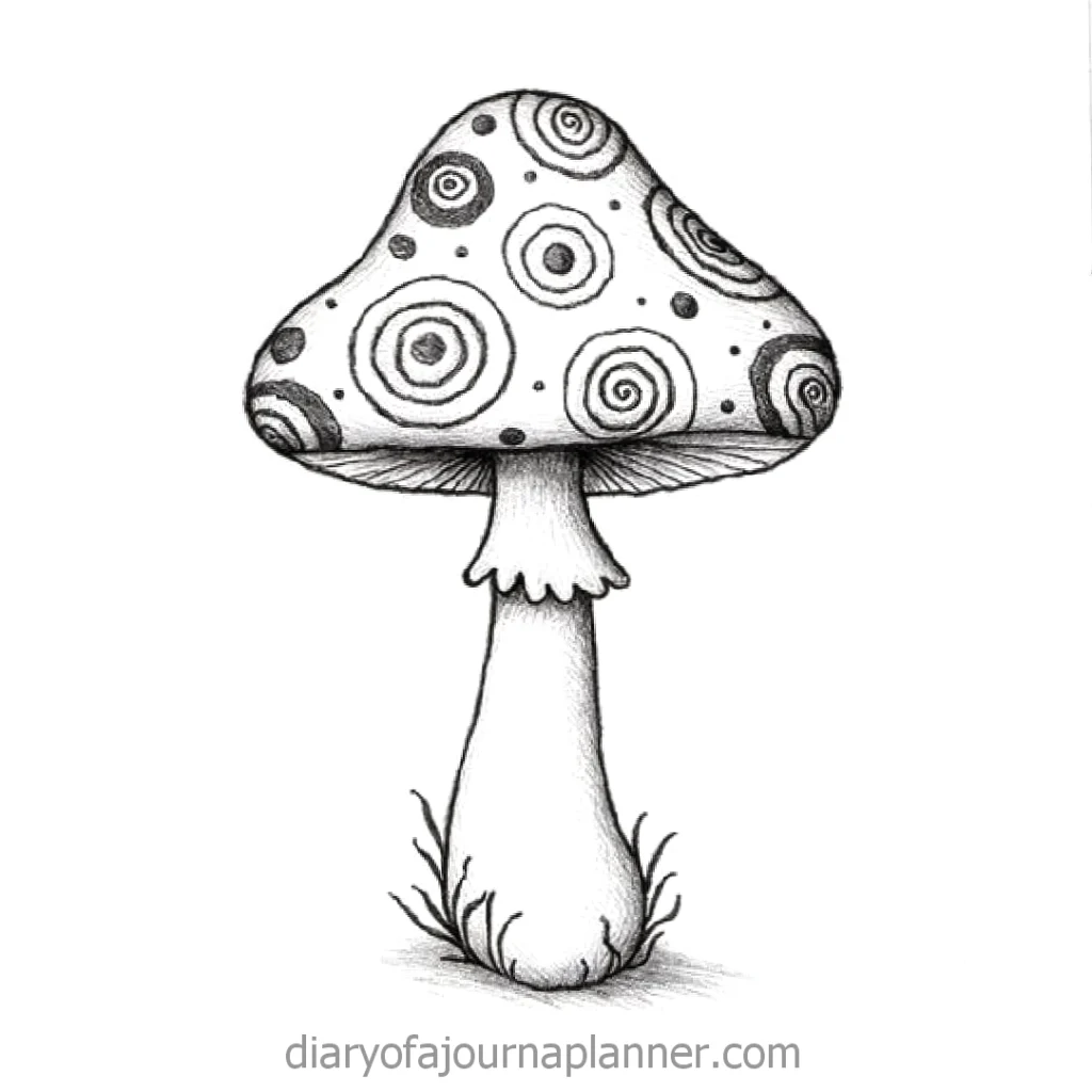 Whimsical hand-drawn mushroom with spiral patterns on cap, black and white illustration.