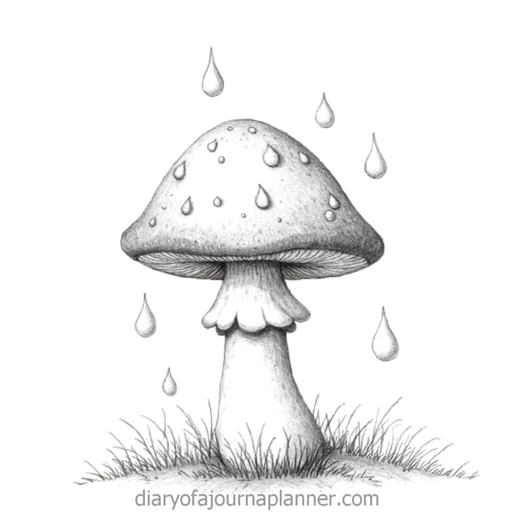 Illustration of a mushroom with raindrops and grass, conveying a whimsical nature scene.