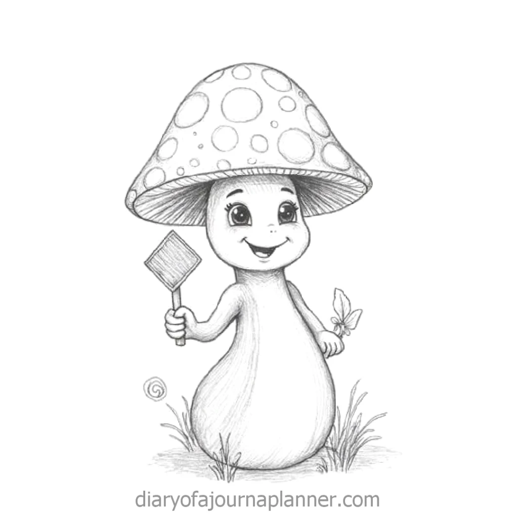 Cute mushroom character holding a shovel, smiling with a butterfly nearby. Perfect for children's illustrations.