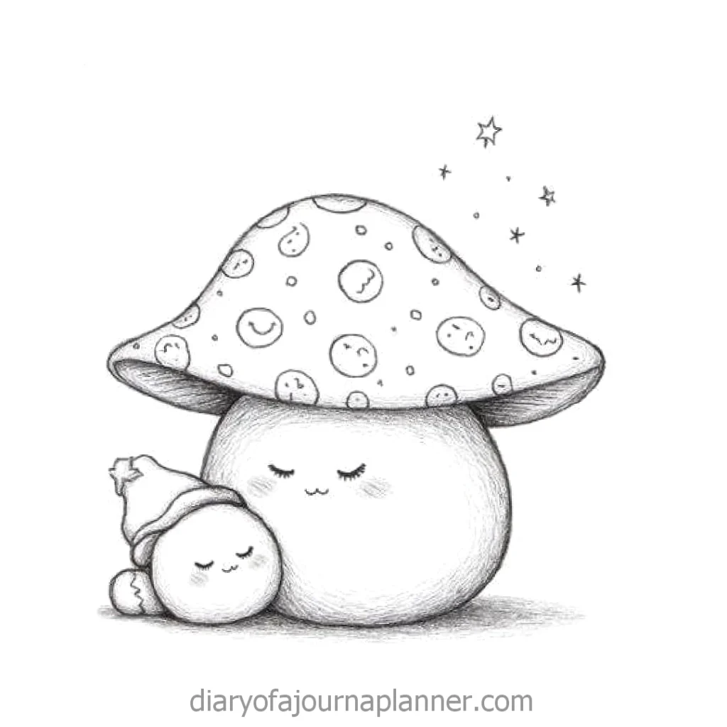 Cute mushroom characters cuddling under a starry sky, featuring happy faces and calming vibes.