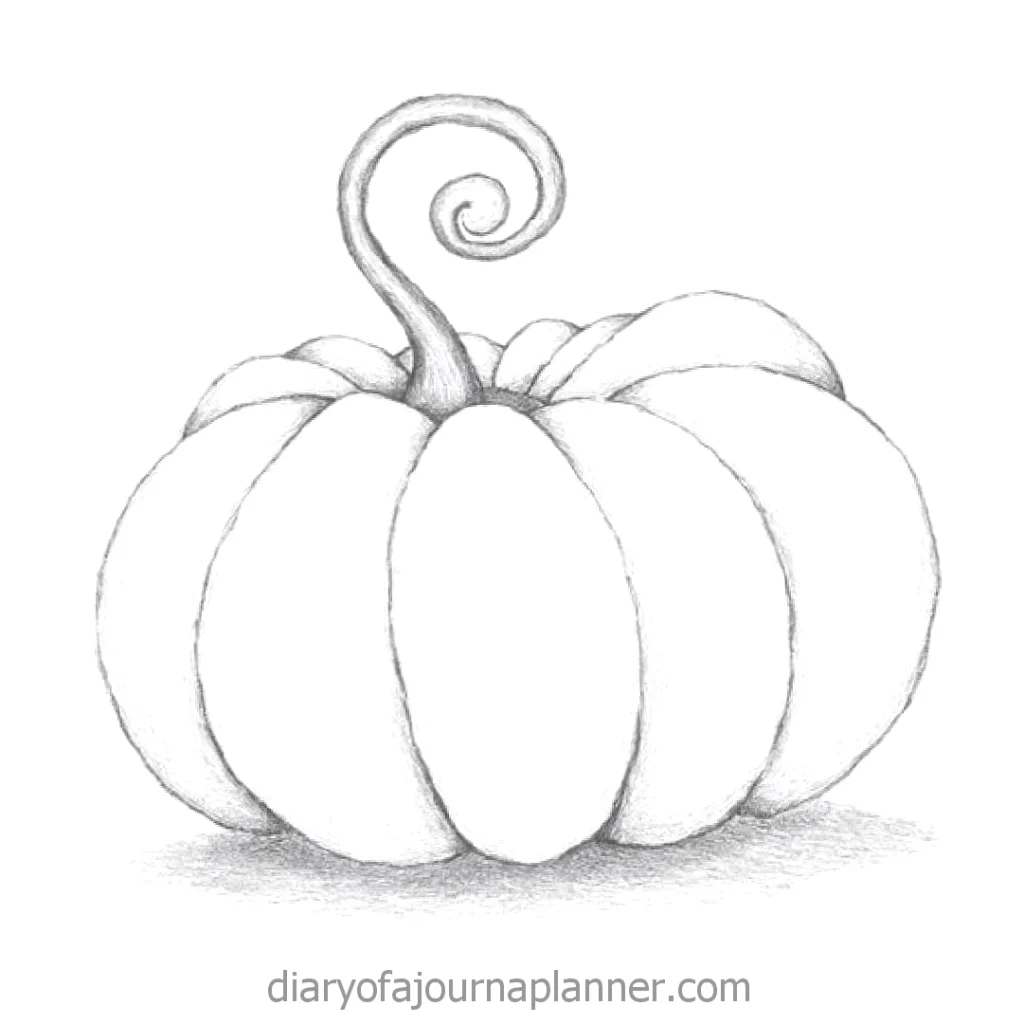 Black and white pumpkin sketch with curly stem, perfect for autumn-themed designs.