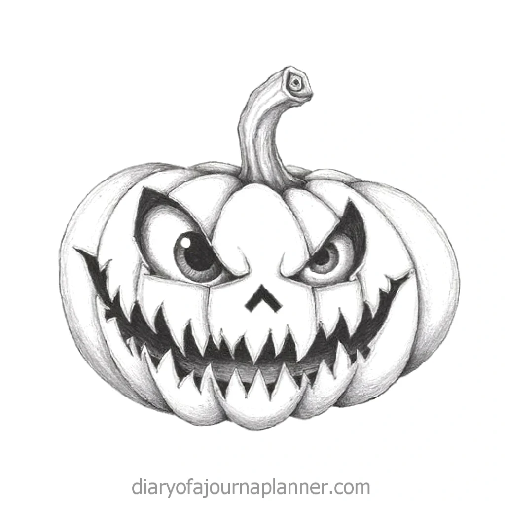 Spooky pencil sketch of a sinister jack-o'-lantern with sharp features and an evil grin; perfect for Halloween themes.