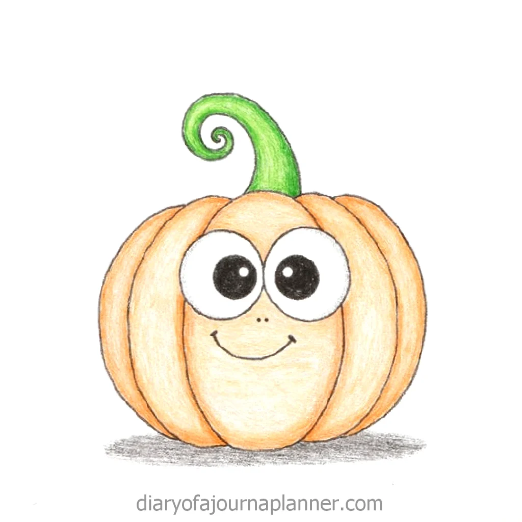 Cute cartoon pumpkin with big eyes and a green curly stem, smiling on a white background.